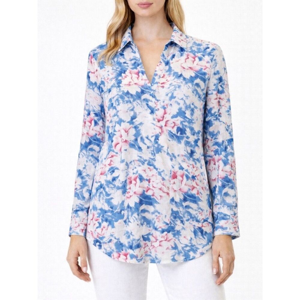 Sundance Top Watercolor Floral Cotton Tunic Pink Blue White Women's Size Medium